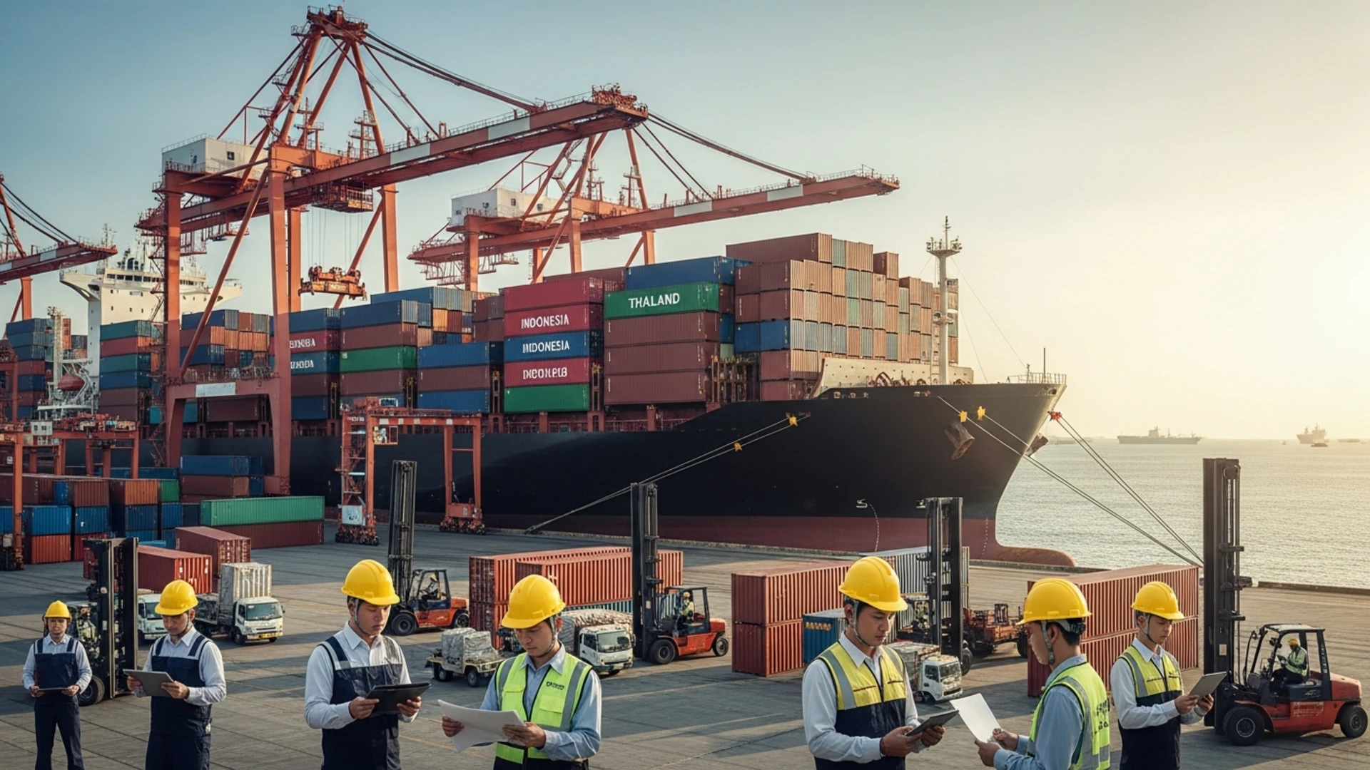 Ultra realistic export logistics operation, shipping containers loaded with commercial goods from Indonesia to Thailand, cargo ship at international seaport, logistics staff inspecting cargo documents, cranes loading containers, global trade and freight forwarding concept, professional transportation company, cinematic daylight, ultra detailed, 8k quality, no text, no watermark.