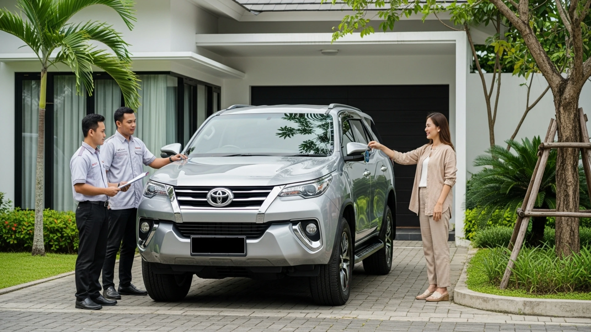 Ultra realistic professional logistics team delivering a vehicle to a customer in Muara Teweh, clean SUV arriving safely at destination, customer receiving vehicle keys, trusted car shipping service, safe and insured transportation, premium logistics company, natural daylight, highly detailed, photorealistic commercial photography, no text, 16:9 aspect ratio.