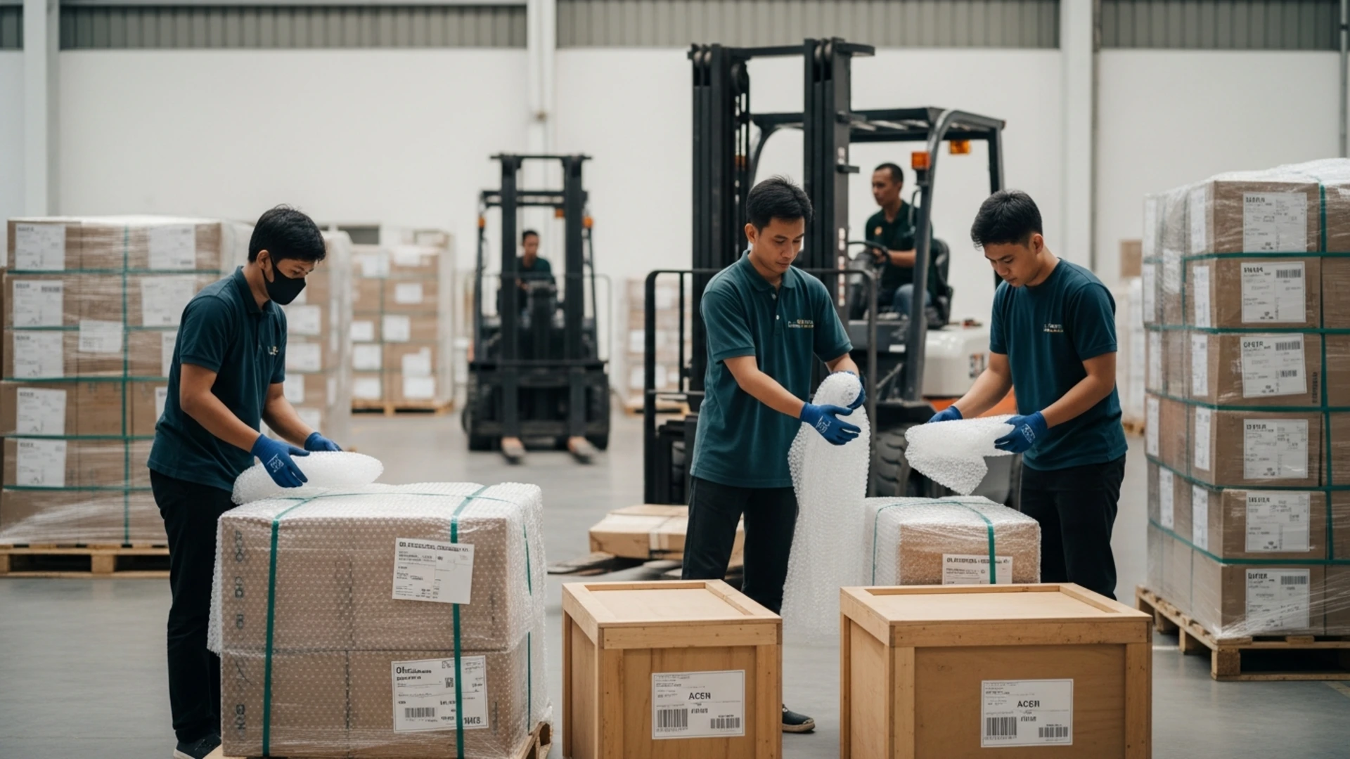 Photorealistic warehouse logistics scene. Inside a modern Indonesian logistics warehouse, professional workers carefully packing fragile packages using bubble wrap, wooden crates, stretch wrap, and shipping labels before delivery to Aceh. Pallets of cargo neatly arranged, forklifts operating in the background, clean industrial warehouse, bright natural lighting, realistic textures, organized export and cargo preparation, ultra realistic, 8K resolution, DSLR photography, no text, no logo, no watermark.